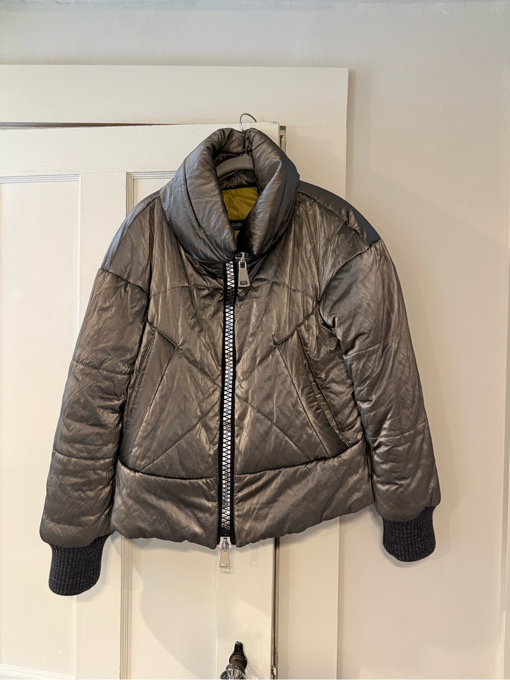 DOUBLE Venezia Metallic Puffer Jacket in Charcoal with Chartreuse Lining
